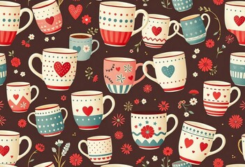 Cozy Scandinavian ceramic coffee cups & tea mugs seamless pattern Vintage pottery, hearts, dots, stripes, flowers,  pottery,  kitchenware