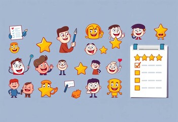 Fototapeta premium Diverse cartoon survey icons filling a form, giving five-star ratings & positive comments Flat vector illustration, review, application