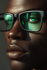 Close-up of a black man's face wearing square, dark-framed glasses with greenish lenses.