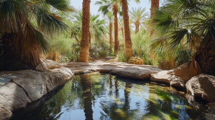 Palm trees frame a tranquil pool in a natural oasis setting