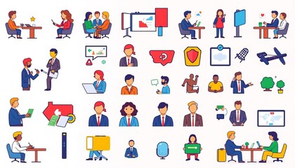Fototapeta premium Diverse collection of business meeting icons depicting teamwork, conferencing, and online collaboration, discussion group, conference