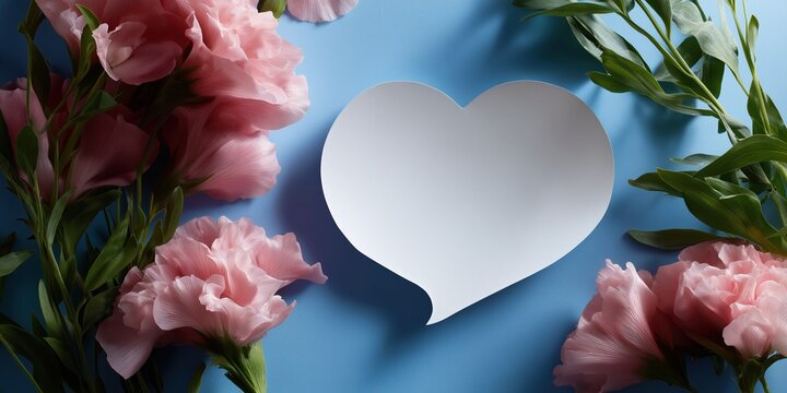 A heart is placed on top of a sheet of paper with pink flowers surrounding it. Concept of love and affection