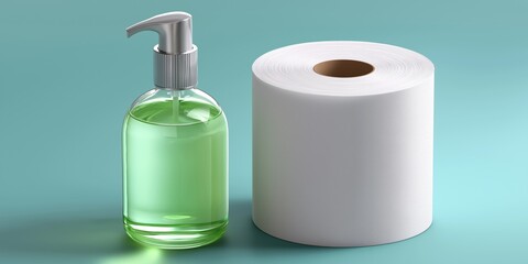 A green bottle of soap sits next to a white roll of toilet paper. Concept of cleanliness and hygiene, as the soap and toilet paper are essential items for maintaining personal hygiene