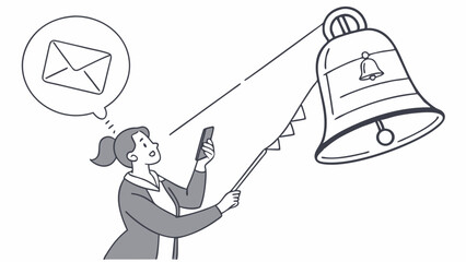 Social Media Messages Reminder, Businesswoman is holding smartphone and pointing at notification bell, expressing excitement
