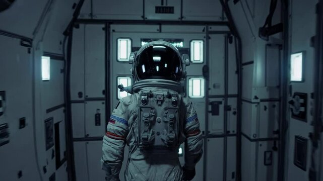 Astronaut in a spacesuit with an american flag patch exploring a futuristic spaceship corridor filled with glowing panels and intricate wiring, highlighting advanced technology