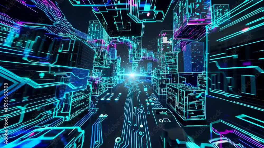 Poster complex network of interconnected circuits creating a futuristic cityscape, symbolizing the flow of 