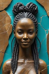A stone sculpture depicting a young black girl, her hair braided in pigtails, against a turquoise background with subtle organic textures and cracks.