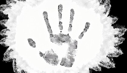 black fingerprint handprint on white background with textured ink border for forensic poster, criminal report layout, identity branding or mystery themed web design

