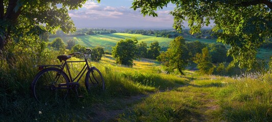 Obraz premium The vintage bicycle resting peacefully in a sunlit countryside landscape.