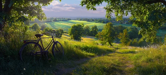 Fototapete Rund The vintage bicycle resting peacefully in a sunlit countryside landscape. © Natali 