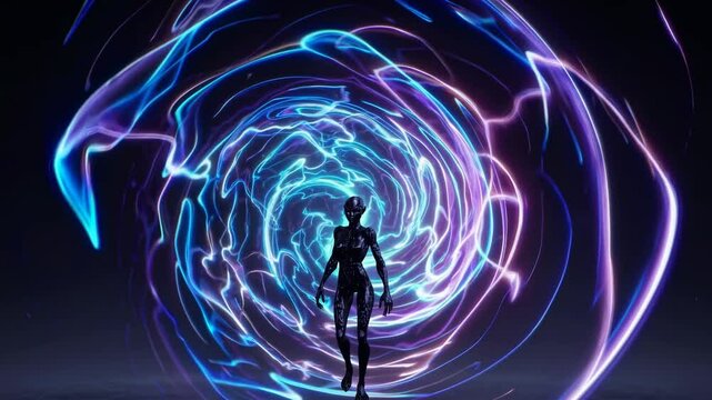 Alien is emerging from a swirling, colorful interdimensional portal, possibly embarking on a journey of exploration or discovery in the vast expanse of the universe