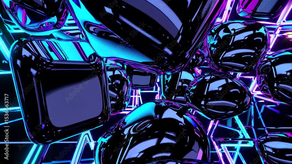 Poster abstract background showing shiny black rounded cubes floating in a neon light structure, creating a