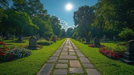 Fototapeta premium Sunlit Pathway Through a Cemetery