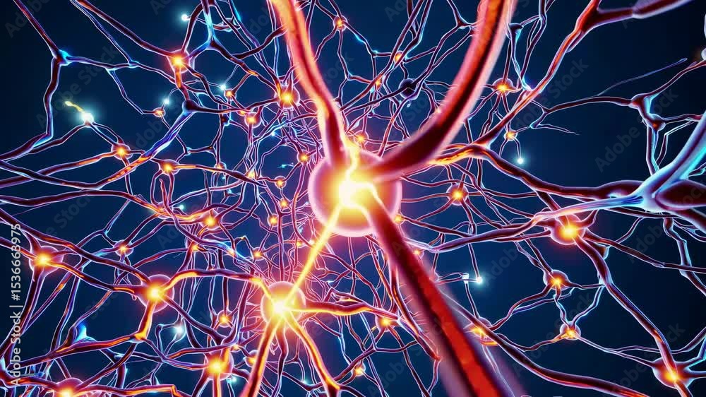 Poster complex network of interconnected neurons firing and transmitting electrical signals, representing b