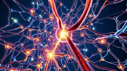Complex network of interconnected neurons firing and transmitting electrical signals, representing brain activity, neural pathways, and neurological processes - Powered by Adobe