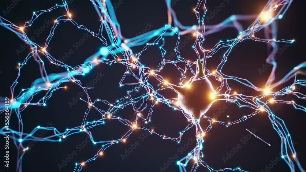 Poster intricate network of glowing nodes and lines pulsating with vibrant energy against a dark background