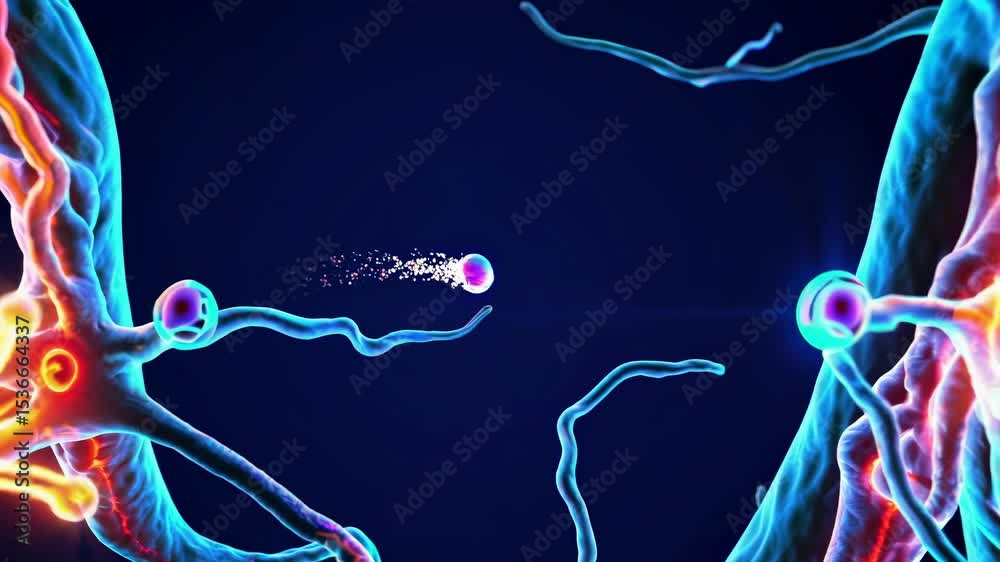 Poster two nerve cells are exchanging information through neurotransmitters, creating a synapse and showing