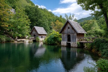 Obraz premium Two rustic water mills reflect in calm water surrounded by dense green foliage under a partly cloudy sky