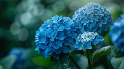 Stunning Blue Hydrangea Blooms in Lush Garden Setting Vibrant Close up  of Beautiful Flowers