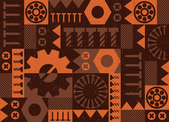 Geometric aged rusty pattern with cogwheel symbols, mechanical engineering elements, industrial tools. Graphics abstract composition, best use in web design, business card, poster, textile print.