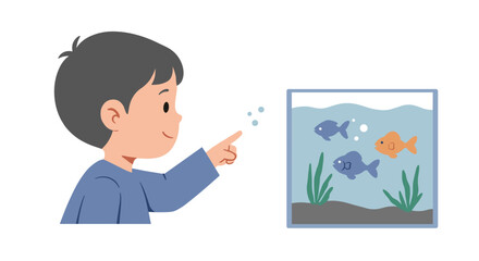 Child pointing at colorful fish in aquarium while smiling  