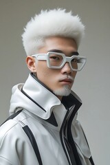 Portrait of a young Asian man in white avant-garde clothes, he has a white beard and hair, and also wears large futuristic glasses.
