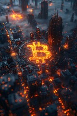 Bitcoin cryptocurrency symbol with glowing city background

