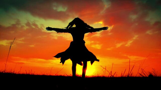 silhouette of a girl dancing with a sunset background in the afternoon