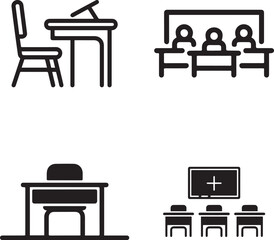 A comprehensive vector set of 3D study space icons for home, office, and interior design, including chairs, tables, desks, sofas, and armchairs