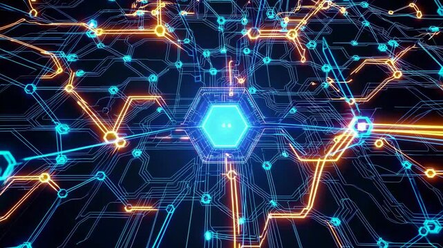 Complex network of interconnected hexagons and lines forming a futuristic motherboard circuit, symbolizing data flow, processing, and technological advancement