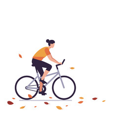 Woman riding bicycle through autumn leaves in a minimalist style  