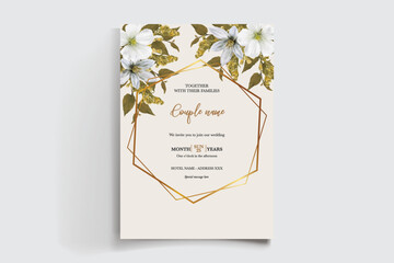 WEDDING INVITATION FRAME WITH FLOWER DECORATIONS AND FRESH LEAVES
