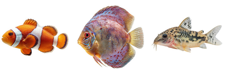 Set of Clown fish, Discus fish and Corydoras fish isolated on a transparent background
