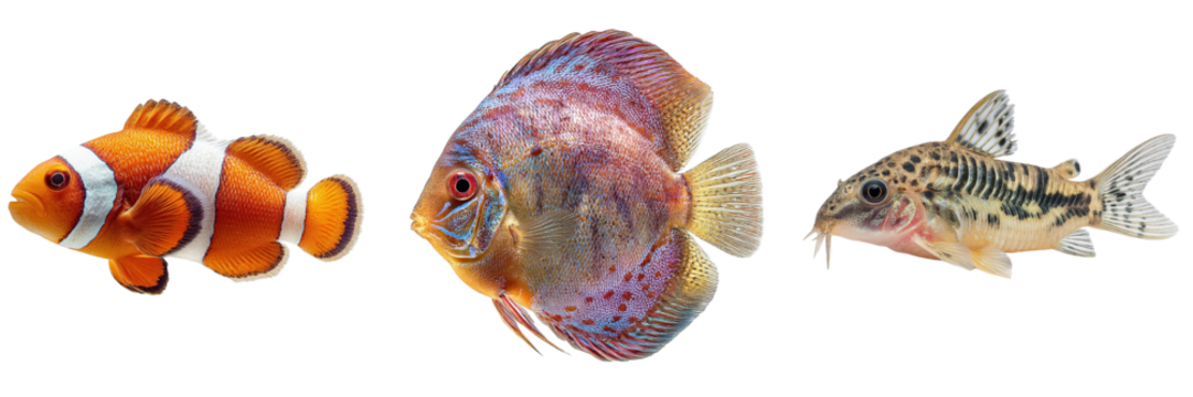 Set of Clown fish, Discus fish and Corydoras fish isolated on a transparent background - Powered by Adobe