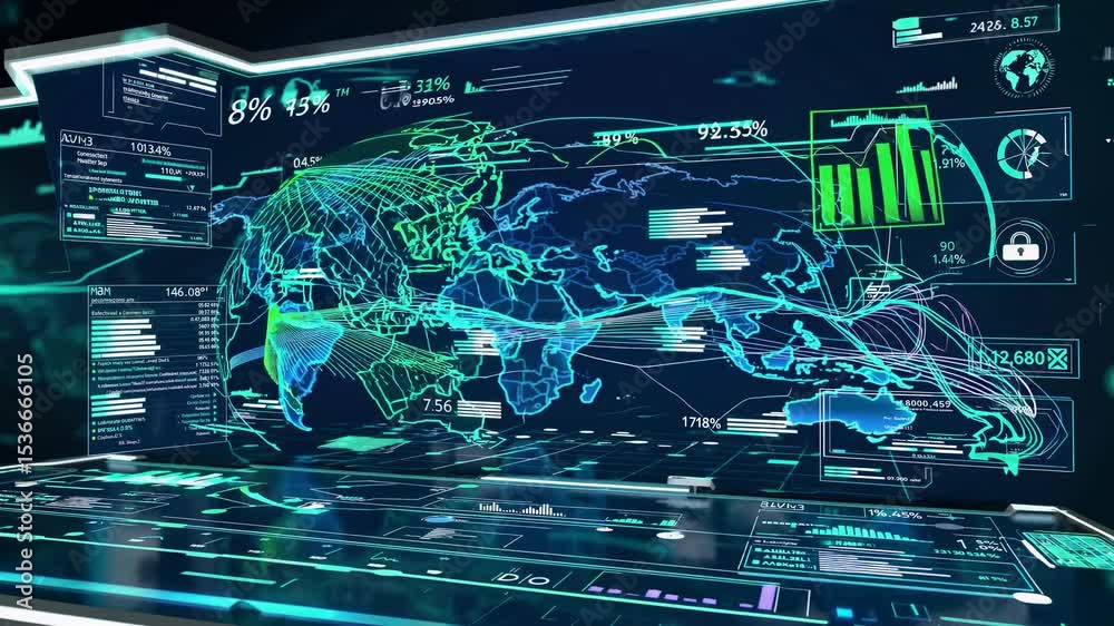 Poster complex digital interface displaying world map with data streams, percentages, graphs, and security 