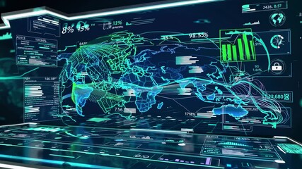 Complex digital interface displaying world map with data streams, percentages, graphs, and security lock, representing global network security and data protection - Powered by Adobe