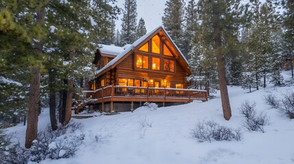Cozy log cabin nestled in snowy woods at twilight.