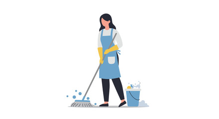 Woman cleaning the floor with a mop and bucket in a bright space  