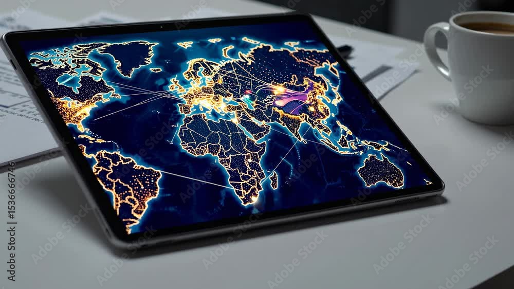 Poster illuminated world map displayed on a sleek tablet, highlighting interconnected global networks and d