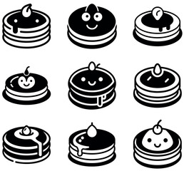 Pancake Stack Icon Set Black and White Vector Illustrations