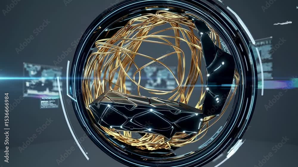 Poster golden wires spinning inside a futuristic circular device processing data with holographic heads-up 