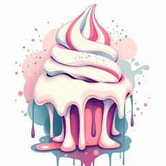 Swirled Ice Cream Cone with Dripping Pastel Colors and Splash Background Digital Illustration