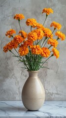 Vibrant Orange Marigolds in a Beige Vase on Marble Surface A Stunning Floral Arrangement
