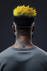 Picture from the back with a tattoo of a black guy with yellow hair, wearing a gray t-shirt.