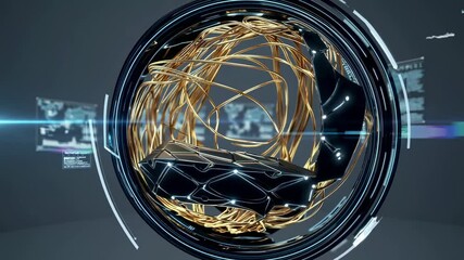 Golden wires spinning inside a futuristic circular device processing data with holographic heads-up display showing world map and charts, representing quantum computing and advanced technology - Powered by Adobe