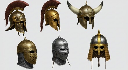 A historical illustration of ancient war helmets from different civilizations: Roman legionnaire helmet, Greek Corinthian helmet, Viking helmet with nose guard, medieval knight helmet, and Mongol warr