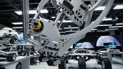 Male engineers and scientists working on a mars rover prototype in a space engineering facility are assembling, programming and testing a robotic arm - Powered by Adobe