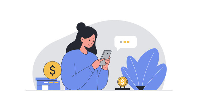 Young woman checking bank account balance on smartphone at home 