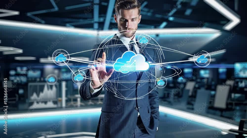 Poster businessman interacting with a holographic cloud computing interface, managing data storage and netw