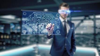 Businessman wearing augmented reality glasses interacting with a futuristic microchip projection in a high-tech environment, highlighting advanced technology's role in business - Powered by Adobe